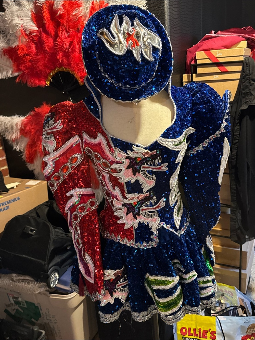 Blue & Red Sequin Costume with Embroidered Dragons
